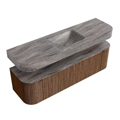 MONDIAZ THOR-DLUX 160cm meuble de salle de bains arrondi gauche + droite couleur Walnut avec 1 tiroir et 2 portes. Vasque suspendue CLOUD Milieu 1 trou de robinet couleur Oza. SW1465290