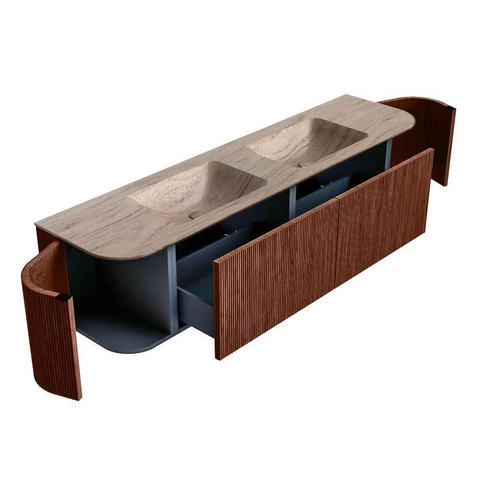 MONDIAZ KURVE-DLUX Meuble de salle de bains 180cm arrondi gauche + droite couleur Ruby avec 2 tiroirs et 2 portes. Lavabo LEAF Double sans trou de robinet Saba. SW1433506