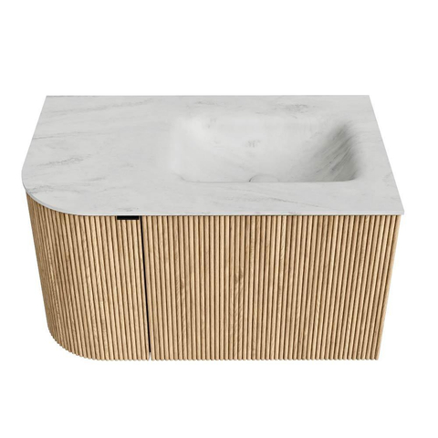 MONDIAZ KURVE-DLUX meuble de salle de bains 75 cm avec module 25 L couleur Oak avec 1 tiroir et 1 porte. Lavabo GRUNNE à droite sans trou de robinetterie couleur Opalo. SW1137502