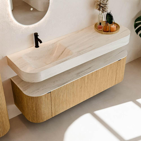 MONDIAZ THOR-DLUX 150cm meuble de salle de bains arrondi gauche + droite couleur Oak avec 1 tiroir et 2 portes. Vasque suspendue CLOUD gauche 1 trou de robinet couleur Meli. SW1464758