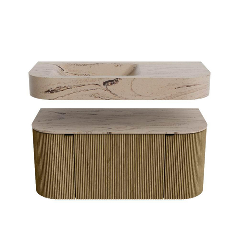 MONDIAZ THOR-DLUX 100cm meuble de salle de bains arrondi gauche + droite couleur Dusk avec 1 tiroir et 2 portes. Vasque suspendue CLOUD gauche 1 trou de robinet couleur Arena. SW1467455