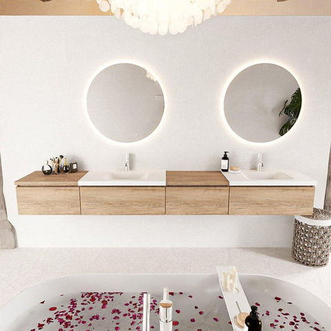 MONDIAZ BUKLA 280cm ensemble de meuble avec module 60 à droite couleur Chêne blanchi avec 4 tiroirs. Lavabo CLOUD double 2 trous de robinet couleur Talc. SW1382316