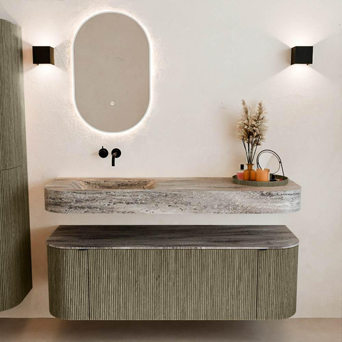 MONDIAZ THOR-DLUX Meuble de salle de bains 140cm arrondi gauche + droite couleur Shadow avec 1 tiroir et 2 portes. Vasque suspendue CLOUD Gauche sans trou de robinet couleur Oza. SW1464296