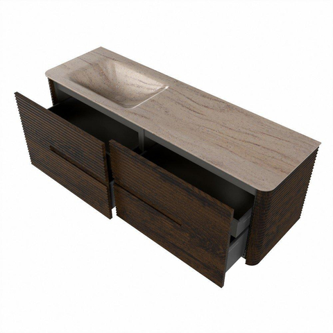 Mondiaz CIRO-DLUX Meuble de salle de bains - 150x45x50cm - Plan vasque Solid surface Saba - 1 lavabo à gauche - sans trous de robinetterie - 4 tiroirs - Noyer SW1530711