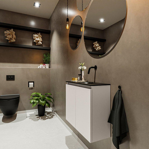 MONDIAZ TURE Fonteinset - 60x23x50cm - 0 kraangaten - 2 deuren - linen mat - Wasbak rechts - Solid Surface Zwart SW475415