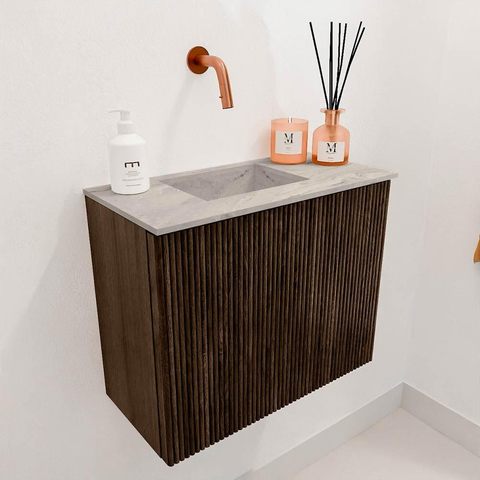 Mondiaz JOYA-DLUX 50cm toiletmeubel - kleur Walnut - Wastafel FAYE positie Links Zonder kraangat kleur Glace. SW1422356