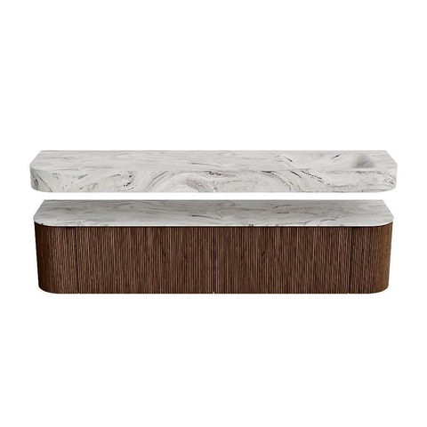 MONDIAZ THOR-DLUX 200cm badmeubel ronding links + rechts kleur Walnut met 2 lades en 2 deuren. Vrijhangende wastafel CLOUD Rechts zonder kraangat kleur Glace. SW1466979