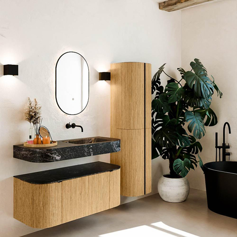 MONDIAZ THOR-DLUX 110cm meuble de salle de bains arrondi gauche + droite couleur Oak avec 1 tiroir et 2 portes. Vasque suspendue CLOUD Droite sans trou de robinet couleur Lava. SW1462746
