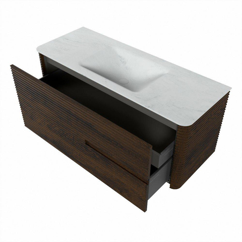 Mondiaz CIRO-DLUX Meuble de salle de bains - 120x45x50cm - plan-vasque solid surface Opalo - 1 vasque au milieu - sans trous de robinetterie - 2 tiroirs - Noyer SW1530365