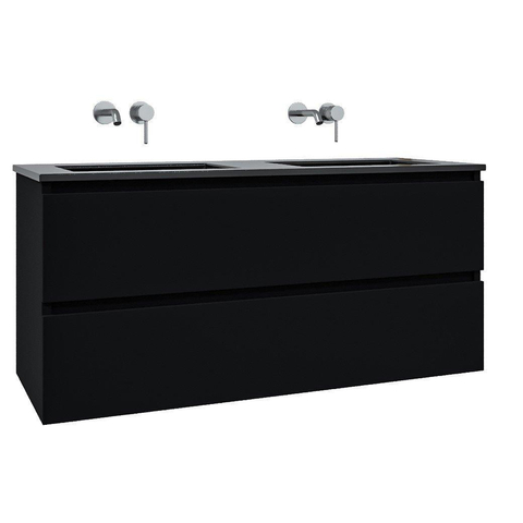 Saniclass Chaci Meuble de salle de bain - 120x46x55cm - lavabo en céramique noir - 2 vasques - sans trous de robinet - 2 tiroirs - armoire miroir - noir mat SW856588