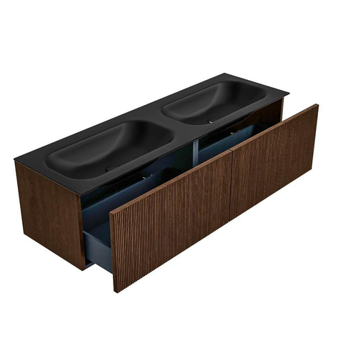 MONDIAZ KURVE Meuble de salle de bains 150 cm couleur Walnut avec 2 tiroirs. Lavabo BIG SMALL double sans trou de robinet Urban. SW1138538