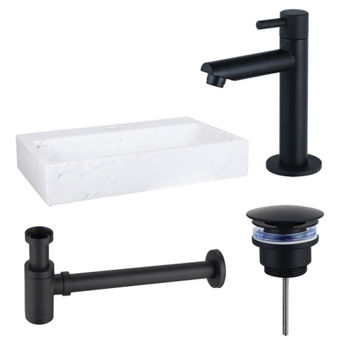 Fortifura Fuente Fonteinset - 38x24x8cm - 1 kraangat - marmer - fonteinkraan zwart mat - glans wit SW1111481