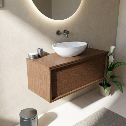 Saniclass Holz Frame Ensemble de meubles de salle de bains - 100x45x42cm - plan de travail en bois - sans trou de robinet - 1 tiroir - walnut pure mat (bois) SW1436755