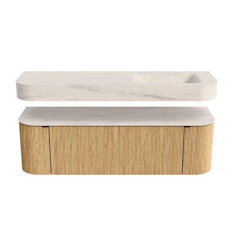 MONDIAZ THOR-DLUX 150cm meuble de salle de bains arrondi gauche + droite couleur Oak avec 1 tiroir et 2 portes. Vasque suspendue CLOUD droite 1 trou de robinet couleur Meli. SW1464744