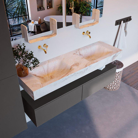 Mondiaz ALAN-DLUX Ensemble de meuble - 150cm - meuble Dark grey mat - 2 tiroirs - Lavabo Cloud Frappe suspendu - vasque Gauche et droite - 0 trous de robinet SW805035