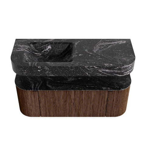 MONDIAZ THOR-DLUX 120cm meuble de salle de bains arrondi gauche + droite couleur Walnut avec 1 tiroir et 2 portes. Vasque suspendue CLOUD Gauche sans trou de robinet couleur Lava. SW1463231
