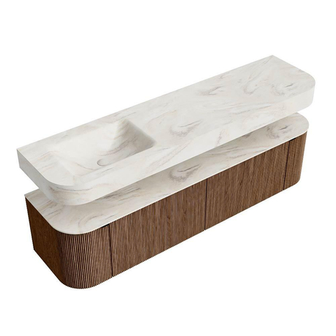 MONDIAZ THOR-DLUX Meuble de salle de bains 180cm arrondi gauche + droite couleur Walnut avec 2 tiroirs et 2 portes. Vasque suspendue CLOUD Gauche 1 trou de robinet couleur Ostra. SW1465971
