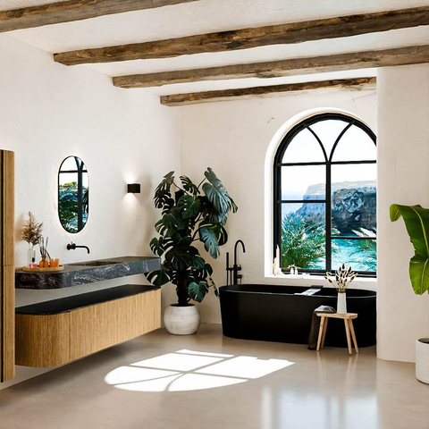 MONDIAZ THOR-DLUX Meuble de salle de bains - 190cm - arrondi gauche + droite - couleur Oak - 2 tiroirs - 2 portes - Vasque suspendue CLOUD Milieu sans trou de robinet - couleur Lava SW1466366