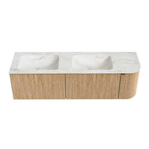 MONDIAZ KURVE-DLUX meuble de salle de bains 155cm avec module 25 R couleur Oak avec 2 tiroirs et 1 porte. Lavabo LEAF double / gauche sans trou de robinet couleur Ostra. SW1137785