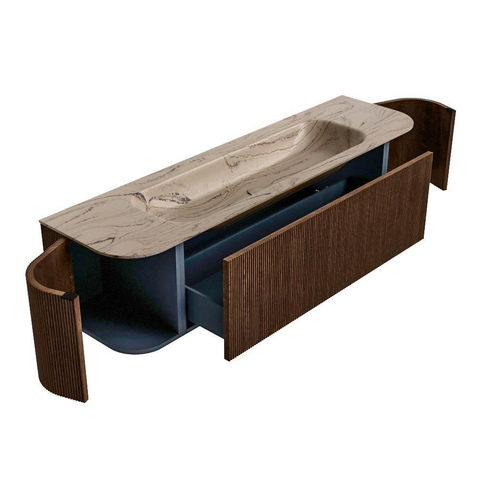 MONDIAZ KURVE-DLUX 170cm meuble de salle de bains courbure Gauche + Droite couleur Walnut avec 1 tiroir et 2 portes. Lavabo BIG LARGE Central 2 trous de robinet Arena. SW1431239