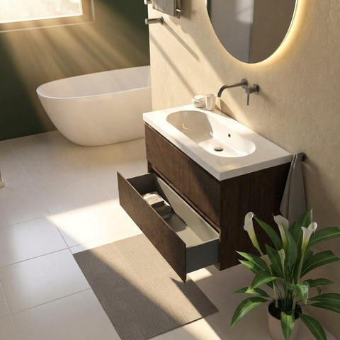 Saniclass Holz Atelier Ensemble de meubles de salle de bains - 100x45x63.5cm - lavabo Palermo en céramique blanc - 1 vasque - sans trou de robinet - 2 tiroirs - chêne charcoal mat (bois) SW1478609