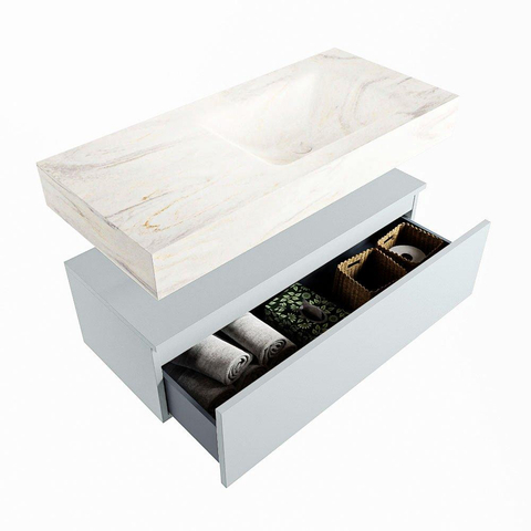 Mondiaz ALAN-DLUX Ensemble de meuble - 100cm - meuble - Clay mat - 1 tiroir - Lavabo Cloud Ostra suspendu - vasque droite - 0 trous de robinet - Beige SW807856