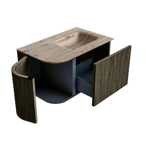MONDIAZ KURVE-DLUX meuble de salle de bains 75 cm arrondi à gauche couleur Shadow avec 1 tiroir et 1 porte. Lavabo GRUNNE à droite sans trou de robinet Arena. SW1431247