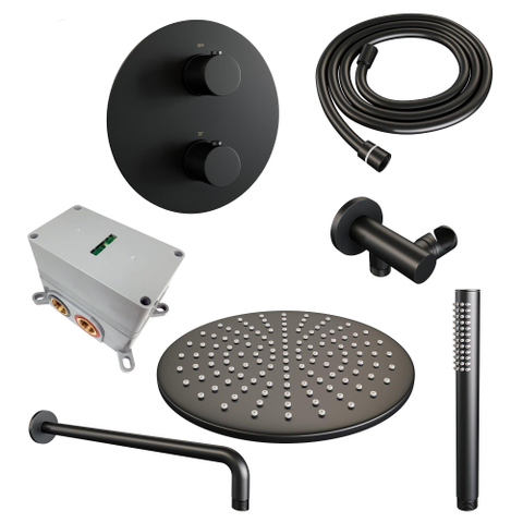 BRAUER Black Carving douche de pluie encastrée thermostatique - 3 voies - ronde - set 76 - douche de tête 30cm - bras mural courbé - douchette barre - flexible de douche - coude mural - noir mat SW1159207