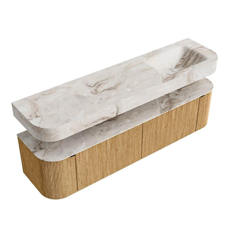 MONDIAZ THOR-DLUX 180cm badmeubel ronding links + rechts kleur Oak met 2 lades en 2 deuren. Vrijhangende wastafel CLOUD Rechts zonder kraangat kleur Frappe. SW1465875