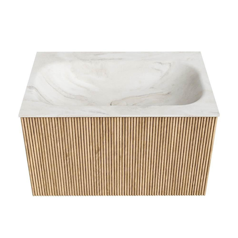 MONDIAZ KURVE-DLUX Meuble de salle de bains 70 cm couleur Oak avec 1 tiroir. Lavabo BIG SMALL central sans trou de robinet couleur Ostra. SW1137704