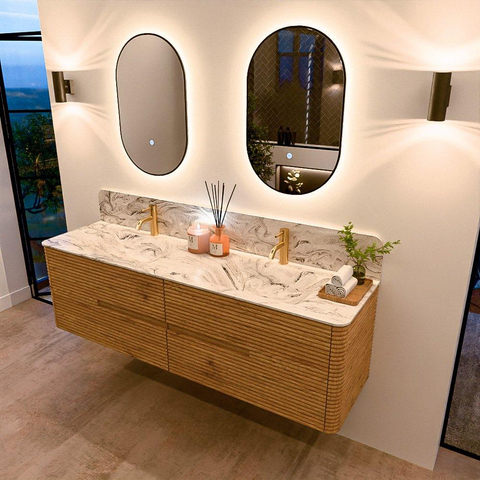 Mondiaz CIRO-DLUX Badkamermeubelset - 170x45x50cm - Solid surface wastafel Glace - 2 wasbak Dubbel - 2 kraangaten - 4 lades - Oak SW1530845