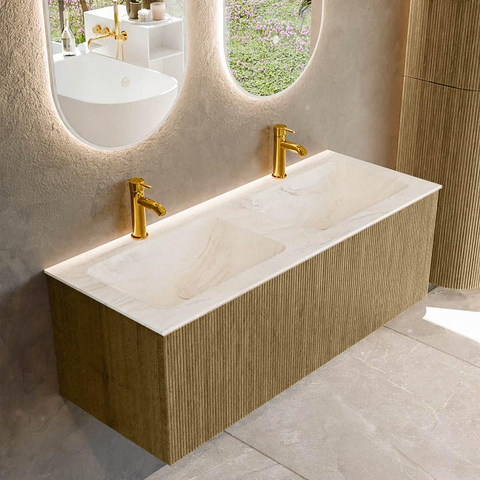 Mondiaz KURVE-DLUX Ensemble de meuble de salle de bains - 120x46x40cm - 1 tiroir - vasque solid surface - double - 2 trous de robinet - Dusk SW1415173