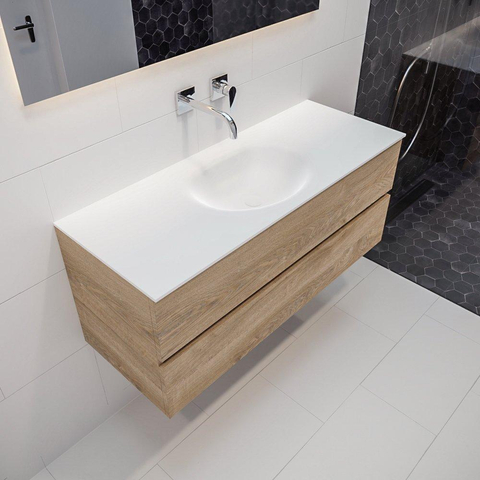 ENSEMBLE DE MEUBLE MONDIAZ VICA - 120cm - 2 tiroirs - lavabo Moon central - 0 trous de robinet - solid surface chêne blanchi SW409873
