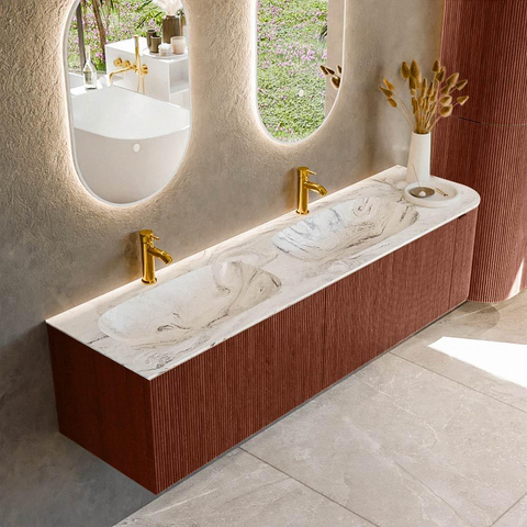 Mondiaz KURVE-DLUX Ensemble de meuble de salle de bains - 175x46x40cm - 2 tiroirs - 1 porte - vasque solid surface - double / gauche - 2 trous de robinet - Ruby SW1416128