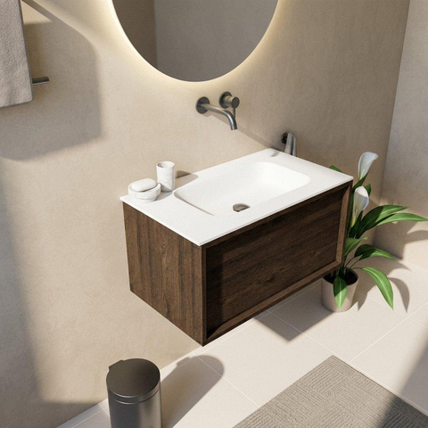 Saniclass Holz Frame Badkamermeubelset - 80x45x41.5cm - Flow solid surface wastafel wit - 1 wasbak - zonder kraangat - 1 lade - mat eiken charcoal (hout) SW1478385
