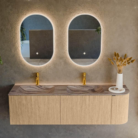 MONDIAZ KURVE-DLUX Meuble de salle de bains 155cm arrondi à droite couleur Oak avec 2 tiroirs et 1 porte. Lavabo LEAF Double / Gauche 2 trous de robinet Sombra. SW1433603