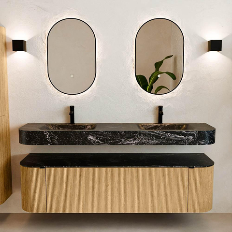 MONDIAZ THOR-DLUX 170cm badmeubel ronding links + rechts kleur Oak met 1 lade en 2 deuren. Vrijhangende wastafel CLOUD Dubbel 2 kraangaten kleur Lava. SW1465418