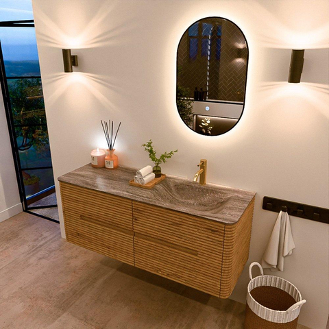 Mondiaz CIRO-DLUX Badkamermeubelset - 130x45x50cm - Solid surface wastafel Oza - 1 wasbak Rechts - 1 kraangat - 4 lades - Oak SW1531132