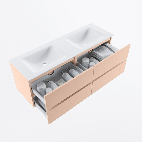 MONDIAZ VICA Ensemble meuble de salle de bains - 140cm - meuble bas rosee - 4 tiroirs - plan-vasque cloud double - 2 trous de robinet - version haute 60cm - talc SW1083359