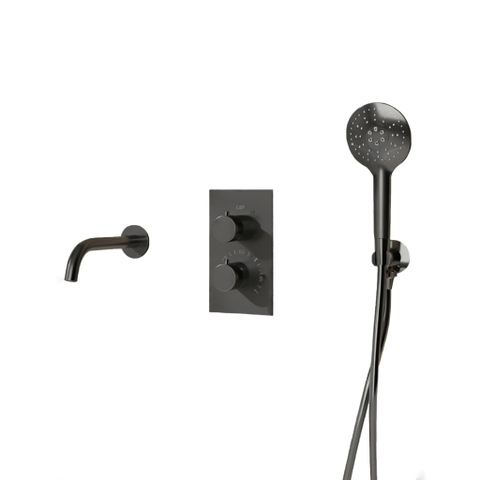 Fortifura Calvi Badkraan set - uitloop - 22cm inkortbaar - gladde slang - ronde handdouche - inbouwdeel - wandhouder - PVD - geborsteld gunmetal (antraciet) SW1244011