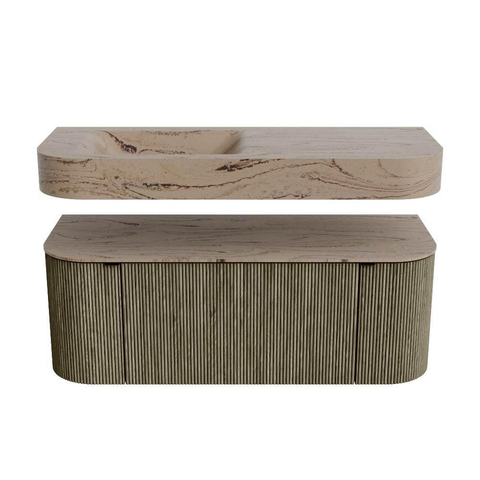 MONDIAZ THOR-DLUX 120cm meuble de salle de bains arrondi gauche + droite couleur Shadow avec 1 tiroir et 2 portes. Vasque suspendue CLOUD Gauche sans trou de robinet couleur Arena. SW1463300