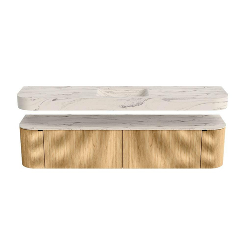 MONDIAZ THOR-DLUX 200cm meuble de salle de bains arrondi gauche + droite couleur Oak avec 2 tiroirs et 2 portes. Vasque suspendue CLOUD Milieu sans trou de robinet couleur Nata. SW1467141
