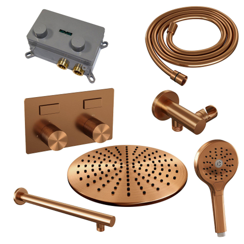Brauer Copper Carving Douche pluie encastrable - thermostatique - boutons poussoirs - SET 56 - pommeau 30cm - bras mural droit - douchette 3 jets - flexible - coude mural - Cuivre brossé PVD SW925572