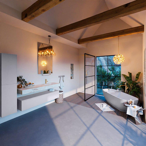 Mondiaz ALAN-DLUX Ensemble de meuble - 150cm - meuble Cale mat - 1 tiroir - Lavabo Cloud Frappe suspendu - vasque Droite - 1 trou de robinet SW805070