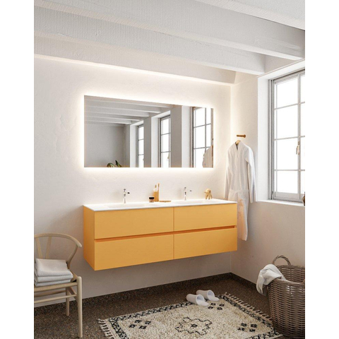 MONDIAZ VICA Ensemble de meuble salle de bain - 150cm - 4 tiroirs - lavabo Cloud double - 2 trous de robinet - solid surface ocre SW411143