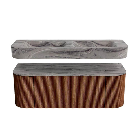 MONDIAZ THOR-DLUX 130cm meuble de salle de bains arrondi gauche + droite couleur Ruby avec 1 tiroir et 2 portes. Vasque suspendue CLOUD Double sans trou de robinet couleur Sombra. SW1464081