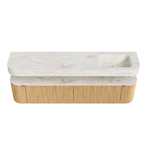 MONDIAZ THOR-DLUX 200cm badmeubel ronding links + rechts kleur Oak met 2 lades en 2 deuren. Vrijhangende wastafel CLOUD Rechts zonder kraangat kleur Ostra. SW1466970