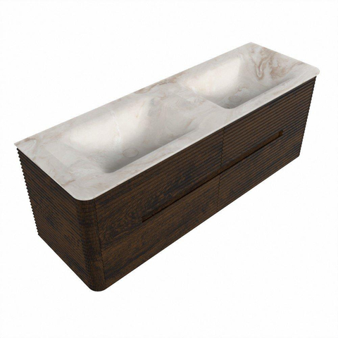 Mondiaz CIRO-DLUX Badkamermeubelset - 140x45x50cm - Solid surface wastafel Frappe - 2 wasbak Dubbel - 2 kraangaten - 4 lades - Walnut SW1530295