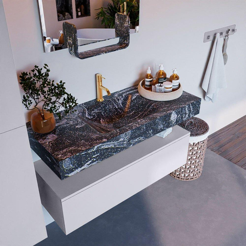 Mondiaz ALAN-DLUX Ensemble de meuble - 110cm - meuble Cale mat - 1 tiroir - Lavabo Cloud Lava suspendu - vasque Centre - 1 trou de robinet SW808290