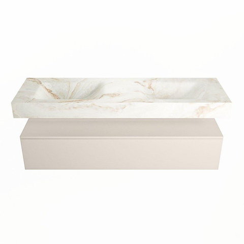 Mondiaz ALAN-DLUX Ensemble de meuble - 150cm - meuble Linen mat - 1 tiroir - Lavabo Cloud Frappe suspendu - vasque Gauche et droite - 2 trous de robinet SW805574